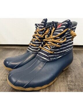 Sperry Saltwater Duck Boots Women’s Size 7 Navy Rubber Stripe Canvas Waterproof